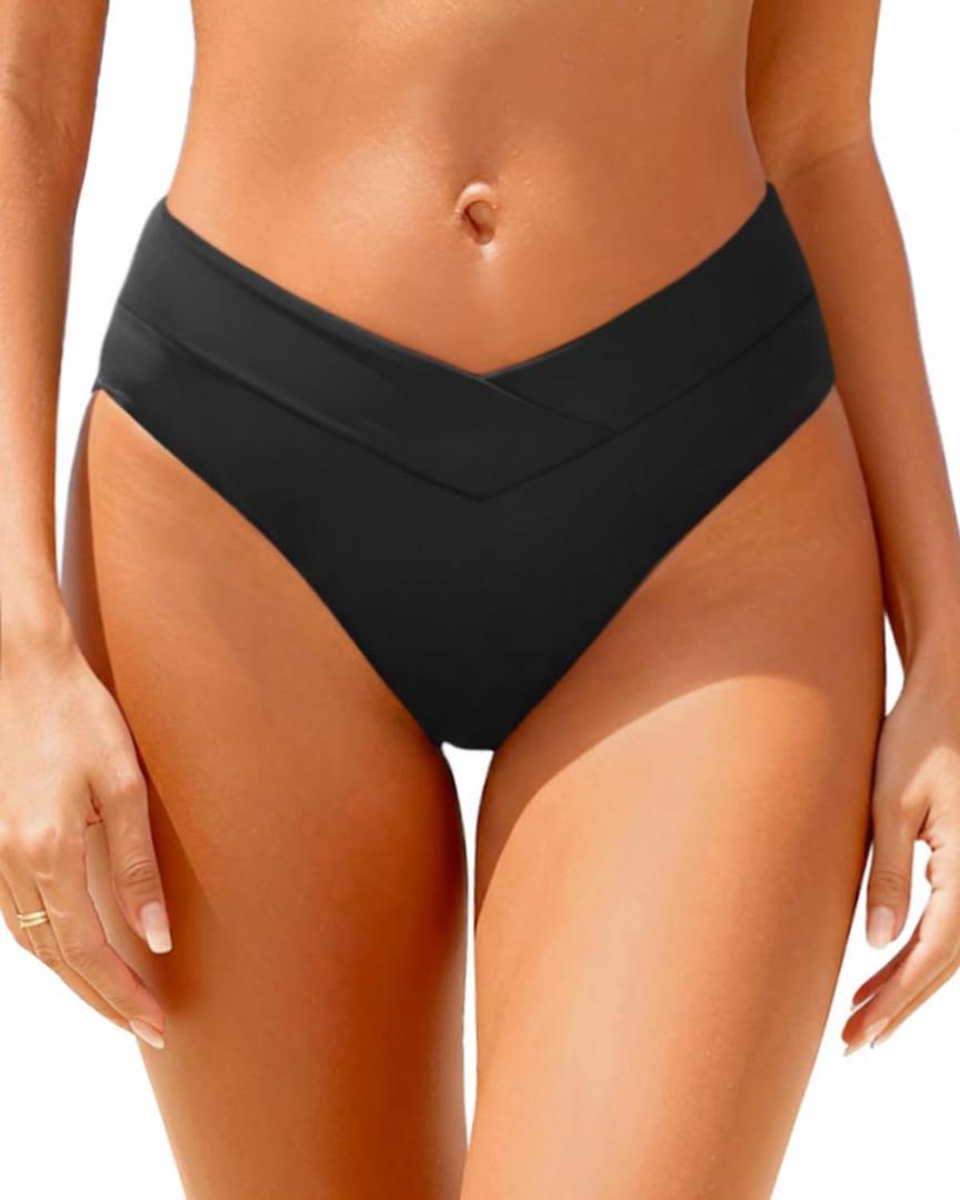 Daci Women V Cut Bikini Bottoms - Mid Waist Cheeky Swim Bottoms High Cut Bathing Suit Bottoms (Black, S)