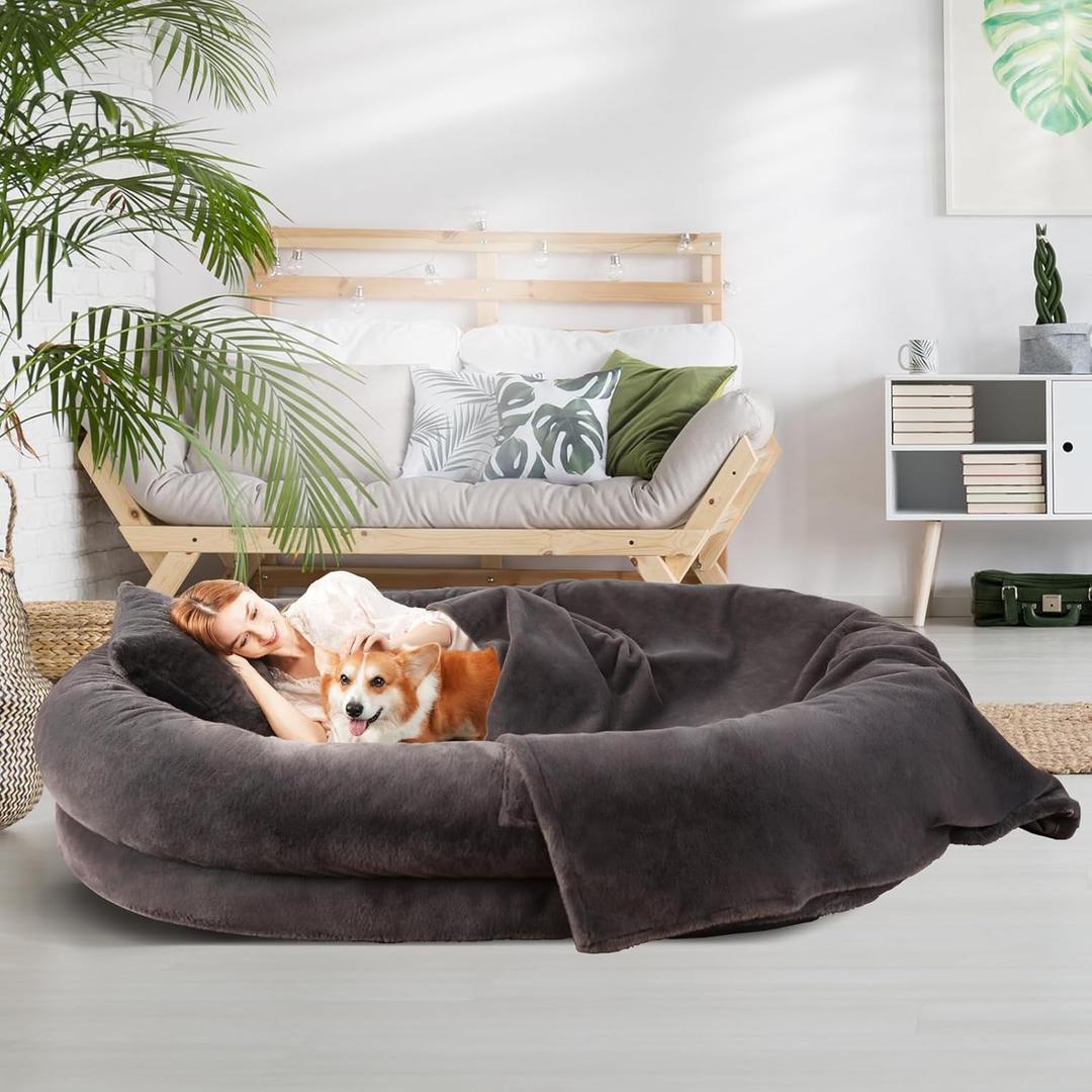 Human Dog Bed for Adults, 71"x51"x12" Washable Orthopedic Size, Faux Fur Removable, Cozy Large Present with Blanket and Pillow, Dark Grey