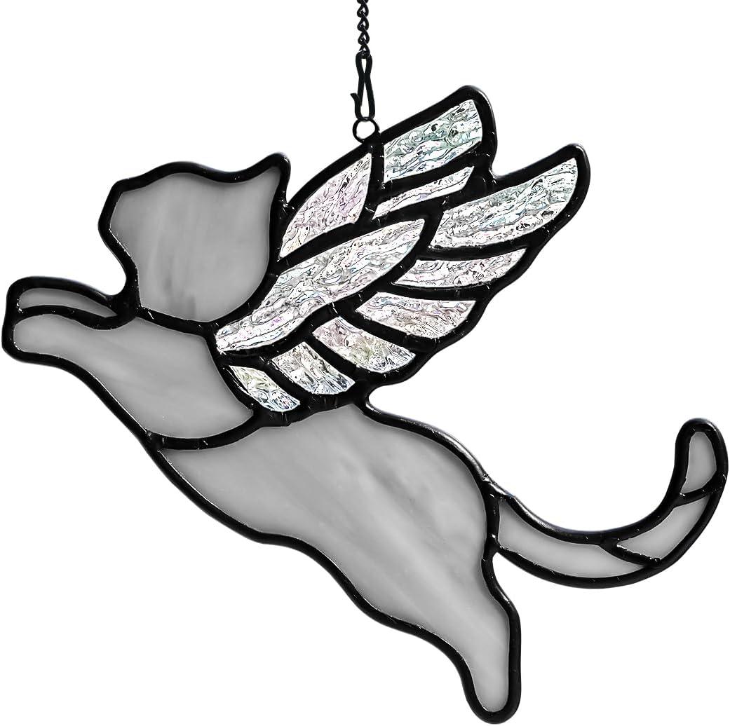 BOXCASA Iridescent Angel Wing Gray Cat Decor Stained Glass Suncatcher,Grey Cat Lover Memorial Gifts for Women,Stained Glass Window Hangings,Loss of Pet Sympathy Gift