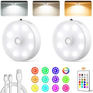 Puck Lights with Remote Control, Rechargeable Under Cabinet Lighting, 3 Color Temps, 12 RGB Color LED Motion Sensor Lights Wireless, Dimmable Under Counter Lights for Closet, Kitchen (White)