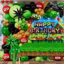 Pixel Gamer Birthday Decorations for Boys All in One Party Decor Kit with Authentic Biome Colors (Cocoa Brown, Jungle Green, Black)  Includes TNT & Controller Foil Balloons, Backdrop, and Tablecloth