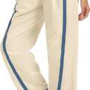 Women's Wide Leg Track Pants Baggy Drawstring High Rise Side Striped Casual Lightweight Parachute Pants with Pockets(Beige,XX-Large)