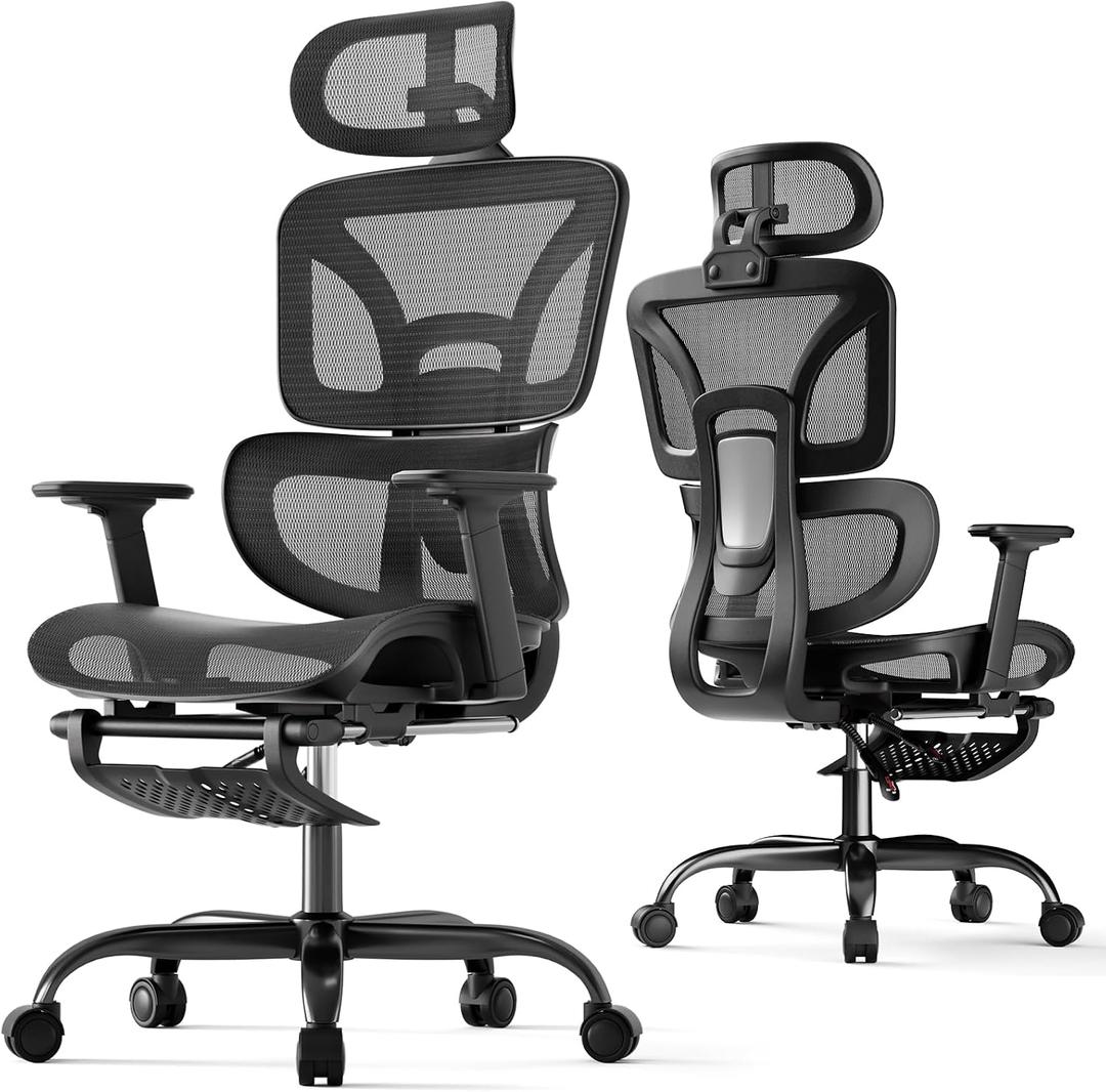 HLDIRECT Ergonomic Mesh Office Chair with Footrest, Lumbar Support(Black), 28.3*28.3*48.8in