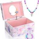 Girls' Musical Jewelry Box Organizer with Jewelry Set - Pink Purple Spinning Ballerina Theme, Swan Lake Tune - Jewelry Storage and Music Box for Girls