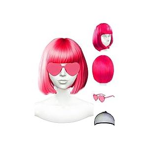 NSODREEM Wig Hot Pink Wig for Women, Neon Bright Dark Pink Wig - Bachelorette Party Wig Decorations Favors (Hot Pink)