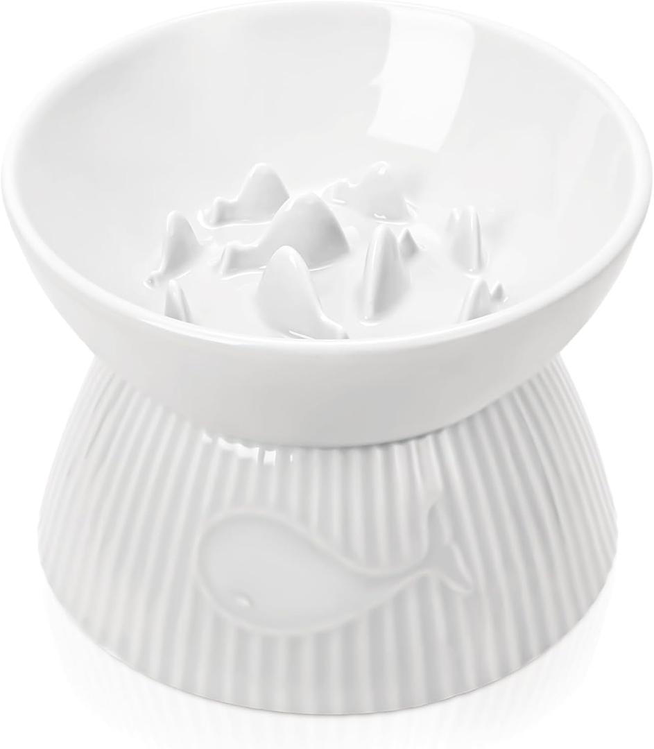 Raised Cat Slow Feeder, Ceramic Slow Feeder Cat Bowl, Upgraded Ridges to Prevent Vomiting and Indigestion, No Spill High Edge for Dry/Wet Food, Heavy and Stable, Easy to Clean Pet Bowls