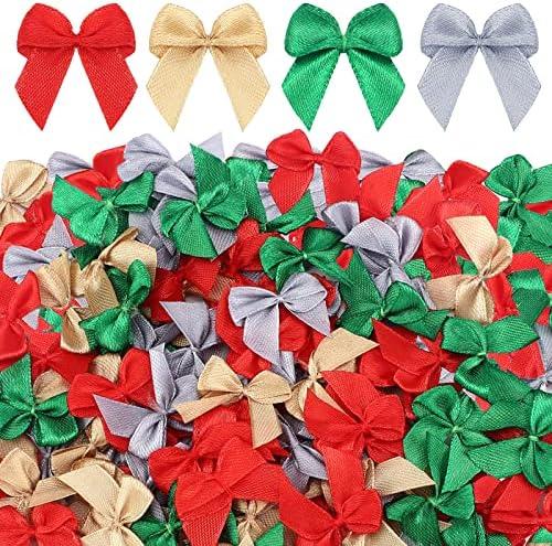 Syhood 150 Pcs Christmas Mini Bow Tiny Twist Tie Handmade Craft Ribbon Bow Hair Small Holiday Ribbon Craft Supply for DIY Sewing Party Decor (Gold, Silver, Red, Green)