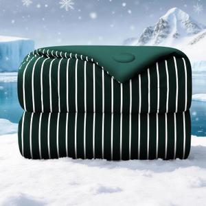 Cooling Comforter Queen Size, Q-Max 0.45 Reversible Striped Cooling Blanket for Hot Sleepers, Breathable Lightweight Silk Smooth Summer Bedding, Quilted Ice Blanket, Emerald Green
