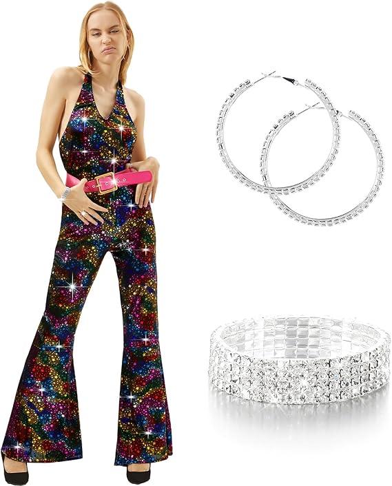 Liitrsh 70s Disco Costumes Outfit Including 70s Jumpsuit with Belt Rhinestone Bracelet Diamond Hoop Earrings for Women, M