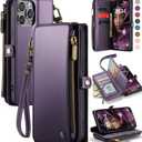 Defencase Compatible with iPhone 14 Case Wallet with RFID Blocking Card Holder for Women and Men, Fashion PU Leather Magnetic Snap Flip Zipper Strap Wallet Phone Case Fit for iPhone 14 6.1", Purple