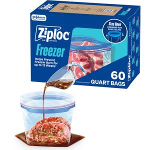 Ziploc Quart Food Storage Freezer Bags, Stand-Up Bottom, Easy to Fill, 60 Count
