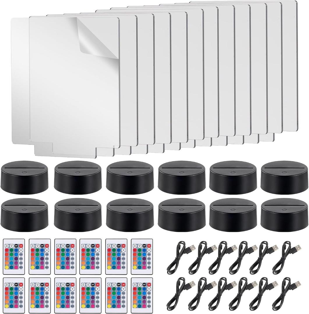 OMTech 12 Sets LED Light Base with Acrylic Blank Sheets, 16 Colors, & 4 Modes, LED Night Light Set for Home Cafe Bar Decoration DIY Projects