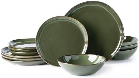 AmorArc Ceramic Dinnerware Sets,Handmade Reactive Glaze Plates and Bowls Set,Highly Chip and Crack Resistant | Dishwasher & Microwave Safe Dishes Set,Service for 4(12Pcs)