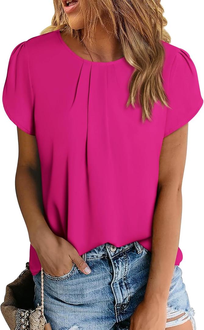 PRETTYGARDEN Women's Tops 2026 Casual Summer Round Neck Short Sleeve Basic Pleated Loose Fit Blouses Plain Tunic Shirts (Medium)