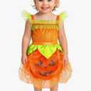 Toddler Pumpkin Costume Dress with Headband - Cute Baby Girl Jack O’Lantern Outfit for Halloween Parties Size L