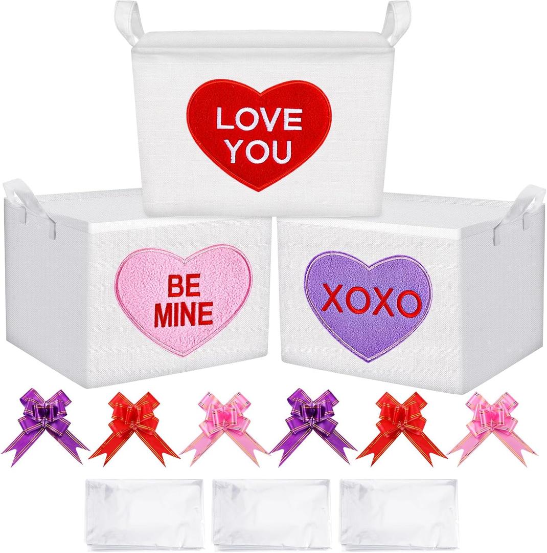 3 Sets Embroidery Valentine's Day Gift Basket Empty with Handles Love Heart Embroidery Patches Gifts Stuffers Storage Basket Bags with Pull Bows Ribbons Valentines Galentines Storage Bins