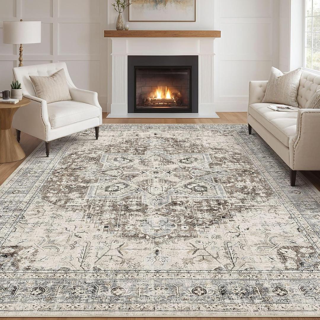 Tortania Area Rug Living Room Rugs - 9x12 Washable Boho Rug Vintage Oriental Distressed Farmhouse Large Thin Indoor Carpet for Living Room Bedroom Under Dining Table Home Office - Brown Blue