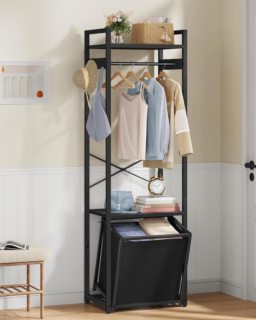 Hoctieon Coat Rack with 35L Tilt Out Basket, Clothes Garment Rack with Dual Shelves & Side Hooks, X-Shaped Sturdy Structure Freestanding Hall Tree Laundry Hamper for Bedroom Laundry Room Bathroom