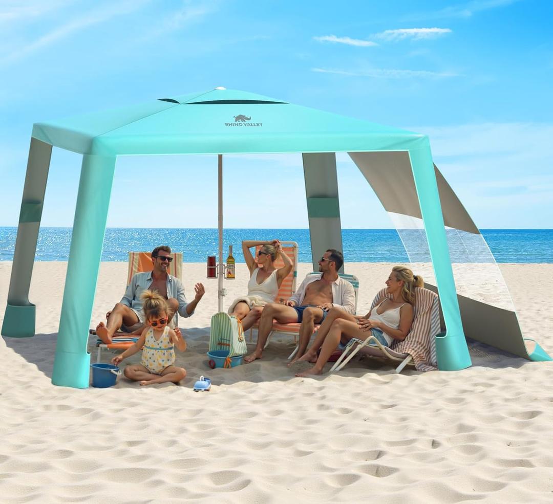 Rhino Valley Beach Cabana, 8 * 8FT Beach Tent UPF50+ Protection, Easy Setup Beach Canopy Wind Resistant with Cup Holder, Compact Beach Shade Foldable Beach Tent Sun Shelter, Turquoise Green