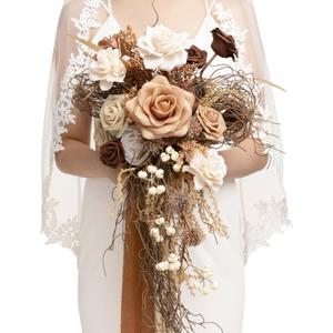 Ling's moment Beige Bridal Bouquet Cascading, Brown Boho Wedding Bouquets for Bride, 13 Inch Bride Bouquets for Wedding Artificial Flowers Bouquets for Rustic Wedding Ceremony Anniversary
