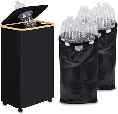 iEGrow Recycling Bin for Kitchen, Indoor Home Recycle Bins with Wheel, 29 Gallons Large Recycling bin with 2 Removeable Reusable Inner Bags, for Bottles Cans Glass Plastice Cartons(Black)