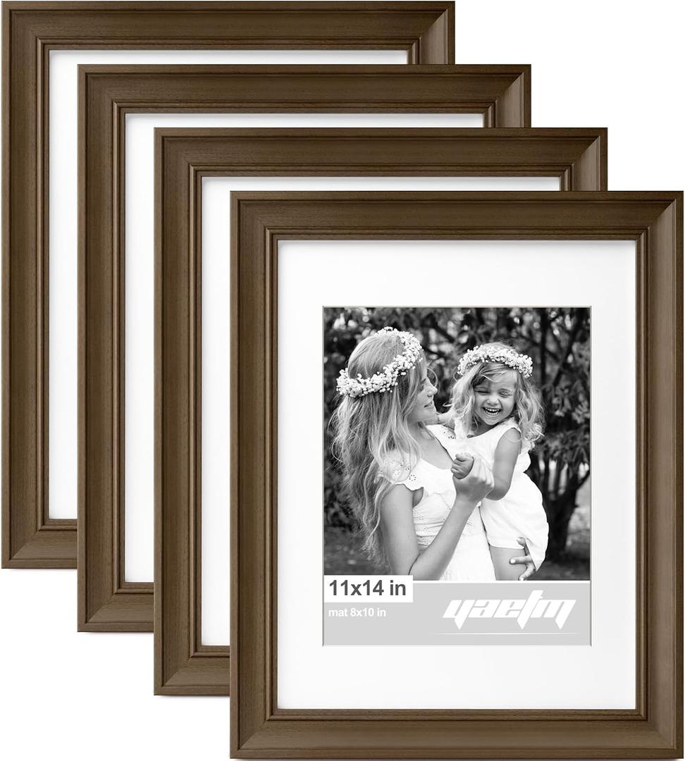 Yaetm 11x14 Picture Frame with Mat for 8x10 Set of 4, 1.4" Wide Molding & Dark Brown Photo Frames 11 x 14 with Tempered Glass for Wall Gallery, Home and Office, Wall Mount (4 pack, Brown)