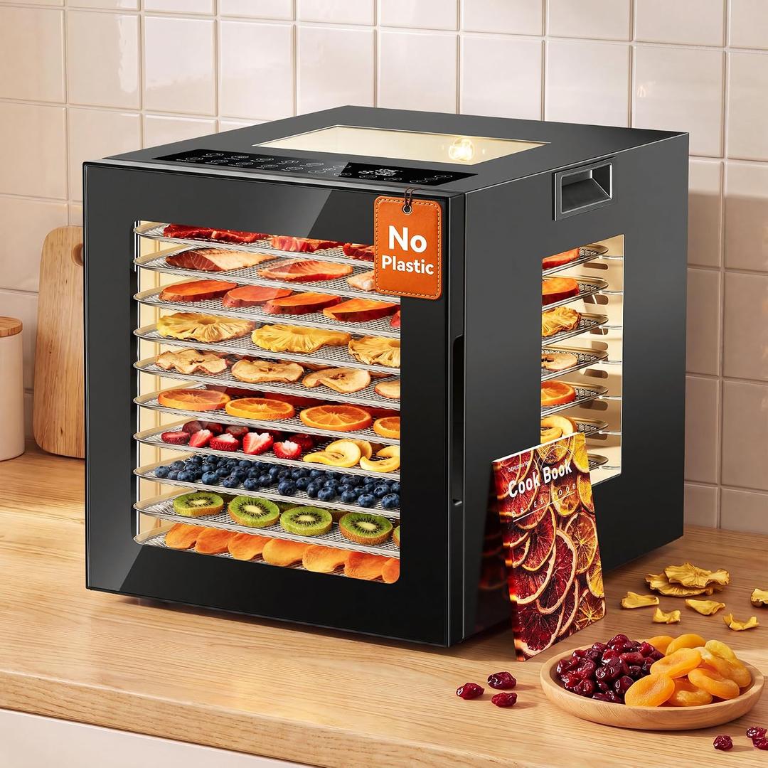 Manastin Food Dehydrator Machine 10 Stainless Steel Trays, 850W Dryer for Meat Jerky, Fruit, Herbs, Yogurt & Dog Treats, 95-167 Dehydrated Dryer, 48H Timer, 10 Presets, Overheating Protection, Black