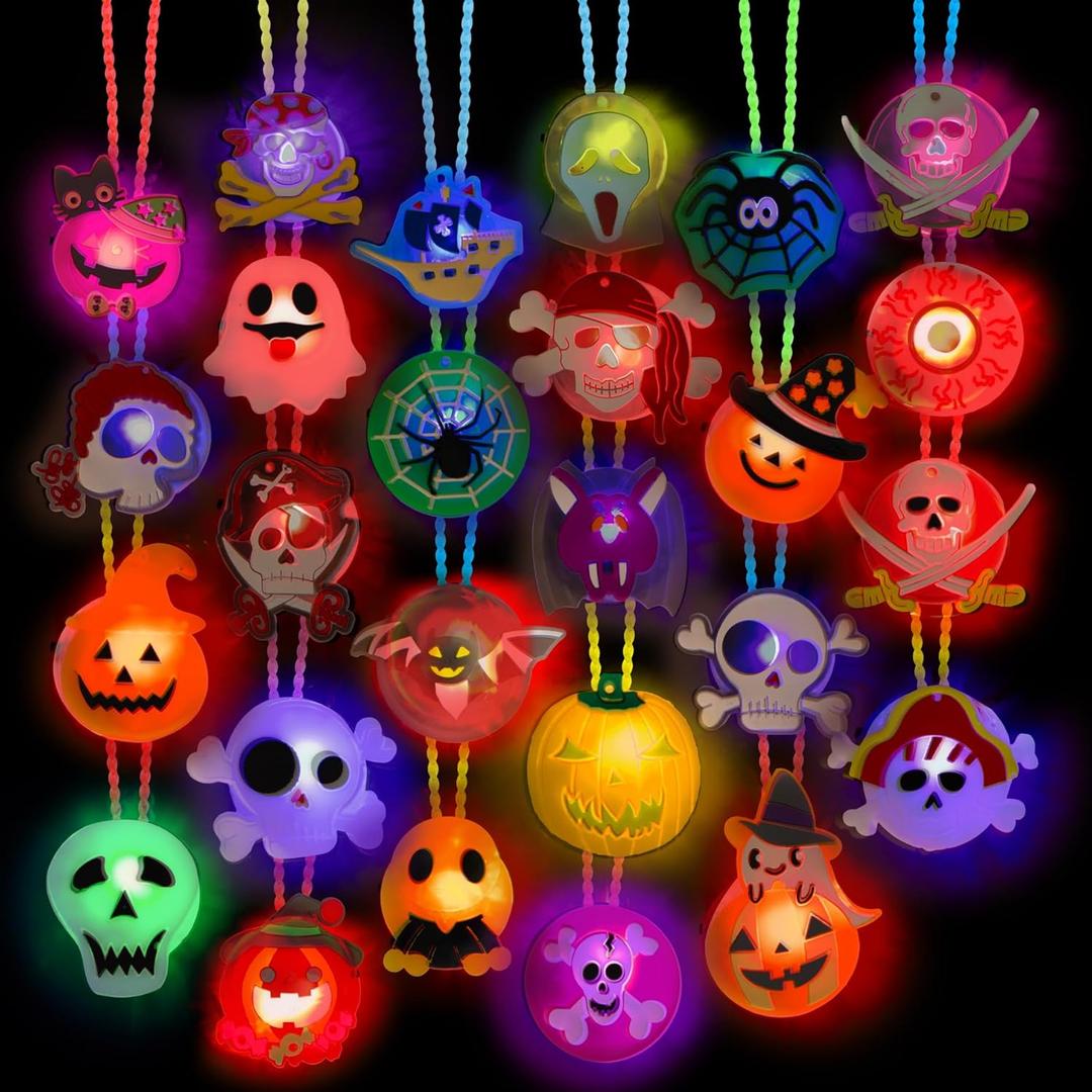 ArtCreativity Halloween Light Up Skull Necklaces - Pack of 26 - Spooky LED Set - Glow Necklaces for Trick or Treat Party Favors - Halloween Decoration Party Supplies