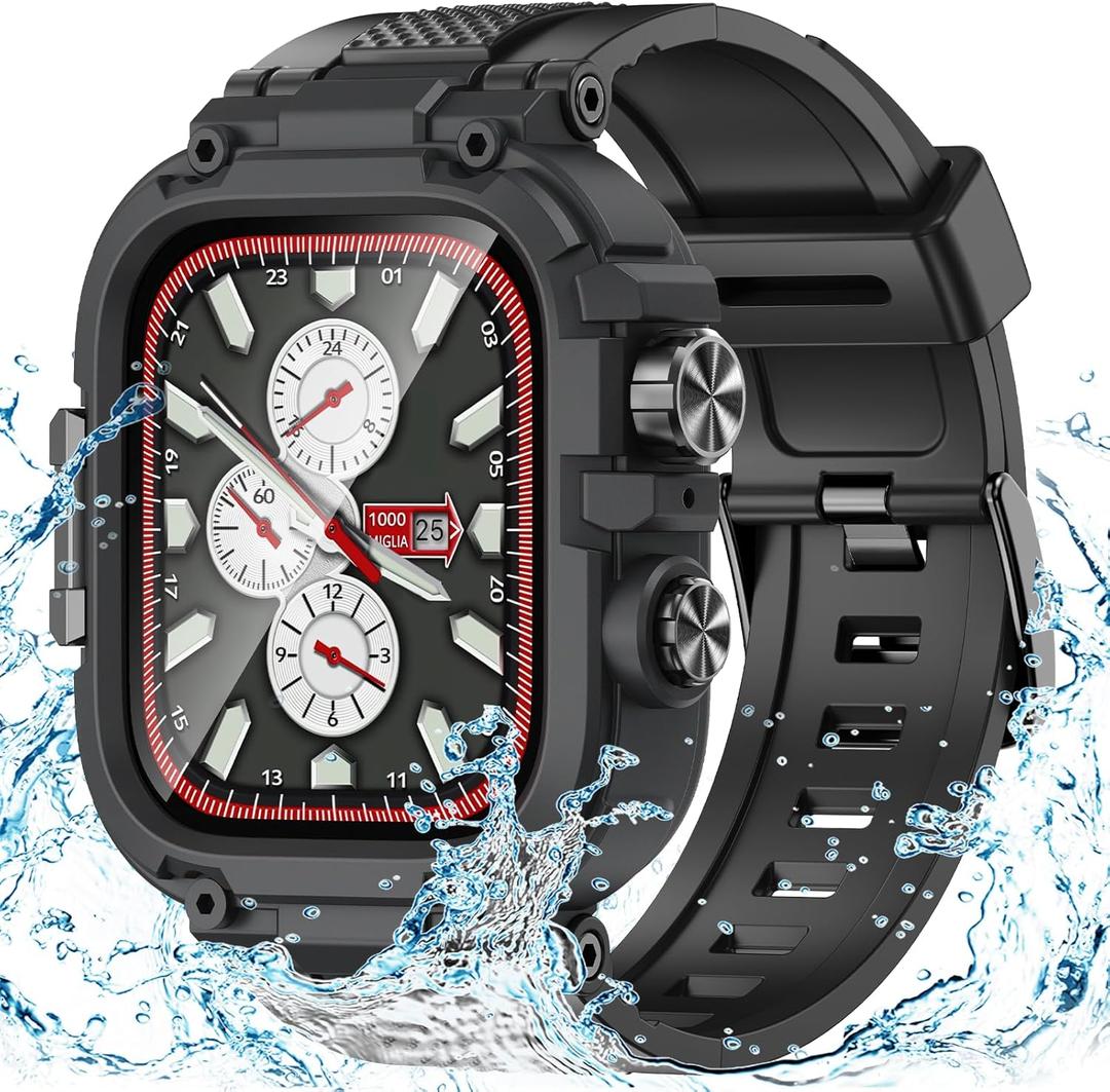 Goton IP68 Waterproof Rugged Band for Apple Watch 46mm/45mm/44mm with Case build-in Screen Protector  Heavy Duty Sport Strap Compatible with iWatch Series 10/9/8/7/6/5/4/SE (Matte Black)