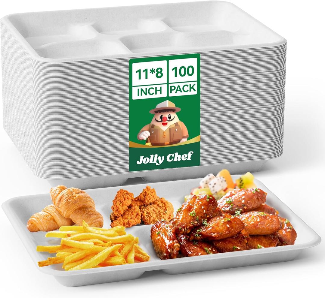 JOLLY CHEF Compostable  Compartment Paper Plates  *   [ ] Heavy Duty White Divided Disposable Plate Eco-Friendly Biodegradable Containers Food Tray for Party Lunch Buffet (11*8in-100pack)