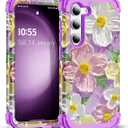 for Galaxy S23 Plus Case,3 in 1 Oil Painting Flower Pattern Heavy Duty Shockproof Protection Silicone Rubber Bumper+Hard Plastic Protective Cover for Samsung S23 Plus 6.6",Purple/Pink