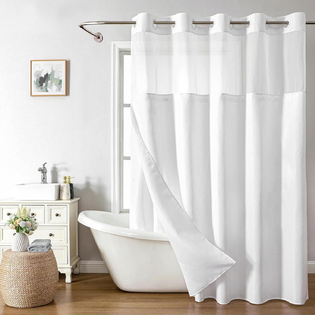 eachope No Hooks Needed Linen Textured Shower Curtain with Snap-in Fabric Liner Set,White Hotel Luxury Decor Shower Curtains for Bathroom with Mesh Top Window,Waterproof & Washable,71Wx74H