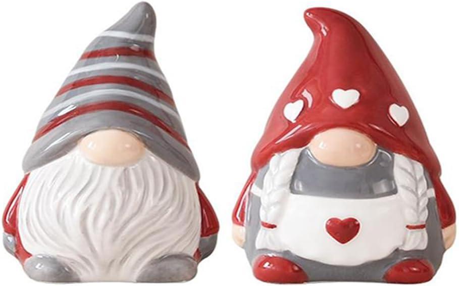 2Pcs Valentines Salt & Pepper Shakers Set Ceramic Salt Containers Heart Gnomes Farmhouse Decor for Kitchen Counter and Table (Red)