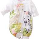 Cute Giraffe + Zebra With Floral Print Long Sleeve Baby Girl Clothes White Jumpsuit For Baby One-Piece Romper (White)