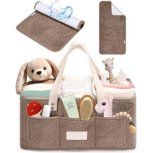 Baby Diaper Caddy Organizer with Portable Changing Mat - Teddy Fleece Nursery Storage Basket for Changing Table & Newborn Essentials  Baby Shower Gifts and Registry Must-Haves