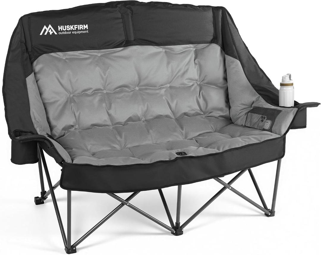 Huskfirm High Back Double Camping Chair 2 Person Camping Chair Low Seat Loveseat Camping Chair Fully Padded Oversized Camping Couch for Adults - Supports 650 LBS with Cup Holders Carry Bag - Black