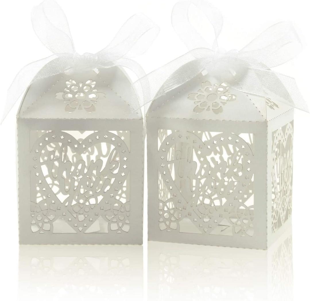 COTOPHER Laser Cut Boxes 60pcs Thank You Gift Boxes Wedding Party Favor Boxes Lace Candy Boxes for Wedding Bridal Shower Baby Shower Birthday Party Decorations with Ribbons (2x2x2.75inch, White, 60) (60 Count (Pack of 1))