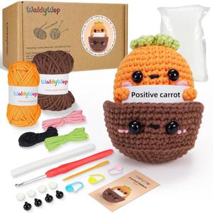 WaldyWop Beginner Crochet Kit for Kids: Wobbles Crocheting Starter Kits for Girls - Learn to Crochet Set w/Step-by-Step Video - Complete Knitting Kit, Easy Crochet Yarn, Birthday Gifts for Women (Carrot)