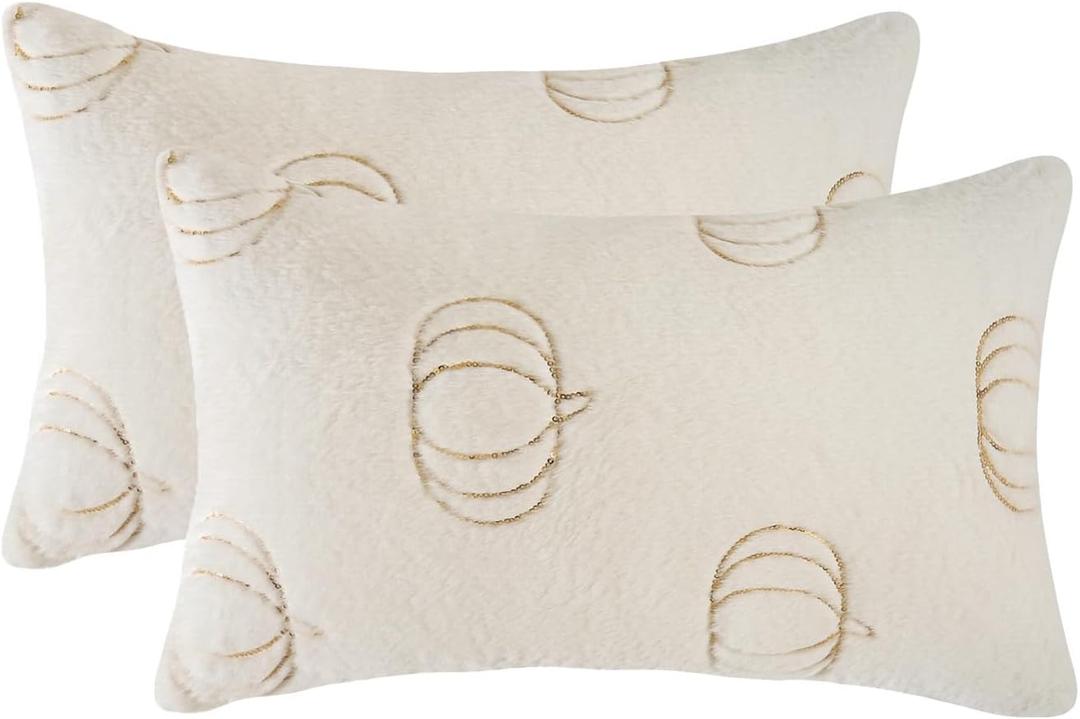 2 x Tosleo Halloween Throw Pillow Covers 12x20 inch Set of 2 White Sequin Embroidery Pumpkins Pillow Cases Thanksgiving Home Party Pumpkin Fall Decor Plush Pillowcases Cushion Covers