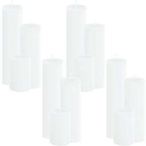 12-Pack White Unscented Pillar Candle Set - 2x3, 2x6, 2x8-inch Long-Burning Drip-Free Tapers, 4 Per Size. Ideal for Home Decor, Weddings, Emergencies, and Holidays.