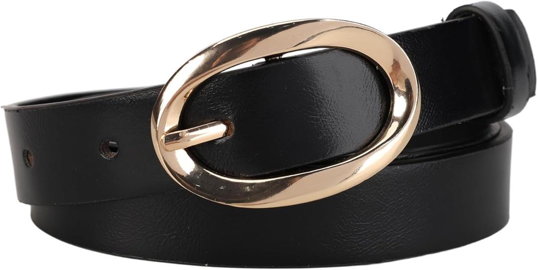Women's Faux Leather Belt, Vintage Gold Oval Buckle Vegan Leather Waist Belt for Jeans Dresses (Fits 30-40 Inch) (Black, S)