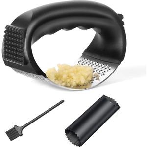 Garlic Press Rocker - Stainless Steel Garlic Mincer, Garlic Chopper, Garlic Crusher with Garlic Peeler and Cleaning Brush for Effortless Smashing Garlic.