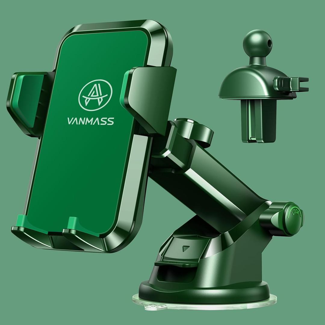 VANMASS Best Car Phone Holder [Upgraded Solid & Durable] Cell Phone Car Mount for Dashboard Windshield Vent, Suction Phone Stand Automobile Cradles for iPhone 15 Pro Max 14 13 8 Android,All-Green