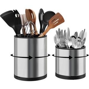 Extra Large Utensil Holder for Kitchen Counter, 360Rotating Cooking Utensils Holder for Countertop, Stainless Steel Utensil Crock for Spatula,Spoon, 3 Compartment Metal Silverware Crocks for Flatware