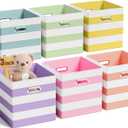 6 Pcs 13 Inch Fabric Storage Cubes with Metal Handle Back to School Classroom Supplies Macaron Colored Striped Style Collapsible Bins Organizer for School Nursery Shelves Clothes Gift