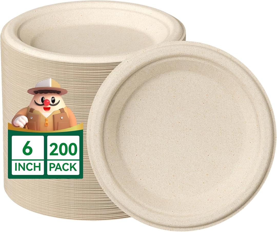 JOLLY CHEF 100% Compostable Small Paper Plates, 200 Pack 6 Inch Heavy Duty Dessert Plates, Disposable Biodegradable Eco-Friendly Sugarcane, Bulk Nature