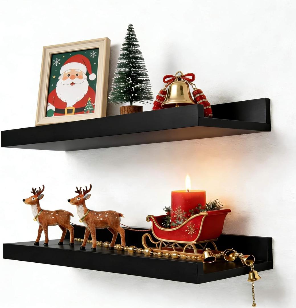 Black Floating Shelves for Wall Decor, Wall Mounted Wood Storage Shelf for Bedroom, Living Room, Bathroom, Kitchen, Nursery, Display Picture Ledge Shelf with Lip Set of 2-14 Inches, Black (13.6in)