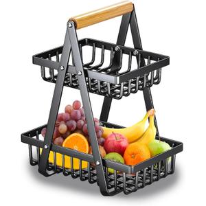 2 Tier Countertop Fruit Basket with Wood Handle, Kitchen Storage Organizer for Fruits, Vegetables, Bread, Snacks - Detachable Rectangular Basket for Pantry, Dining Table (Black)
