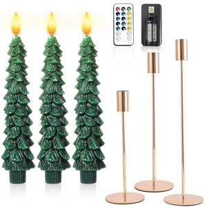 Honoson 3 Sets Flameless Christmas Tree Taper Candles with Holders Remote Control, LED Taper Candles Battery Operated Flickering Candlesticks for Holiday Window Fireplace Decor(Gold)