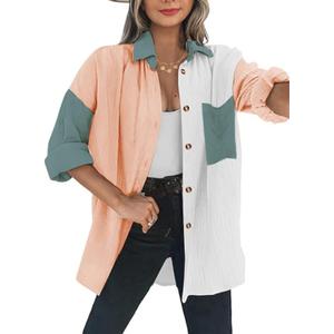 Dookttker Womens Color Block Button Down Shirts Long Sleeve Cotton Gauze Tops Casual Collared Blouses Loose Fit with Pocket (Pink)